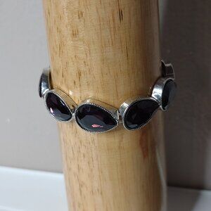 7 Inch Silver Tone And Dark Purple Glass Stretch Bracelet